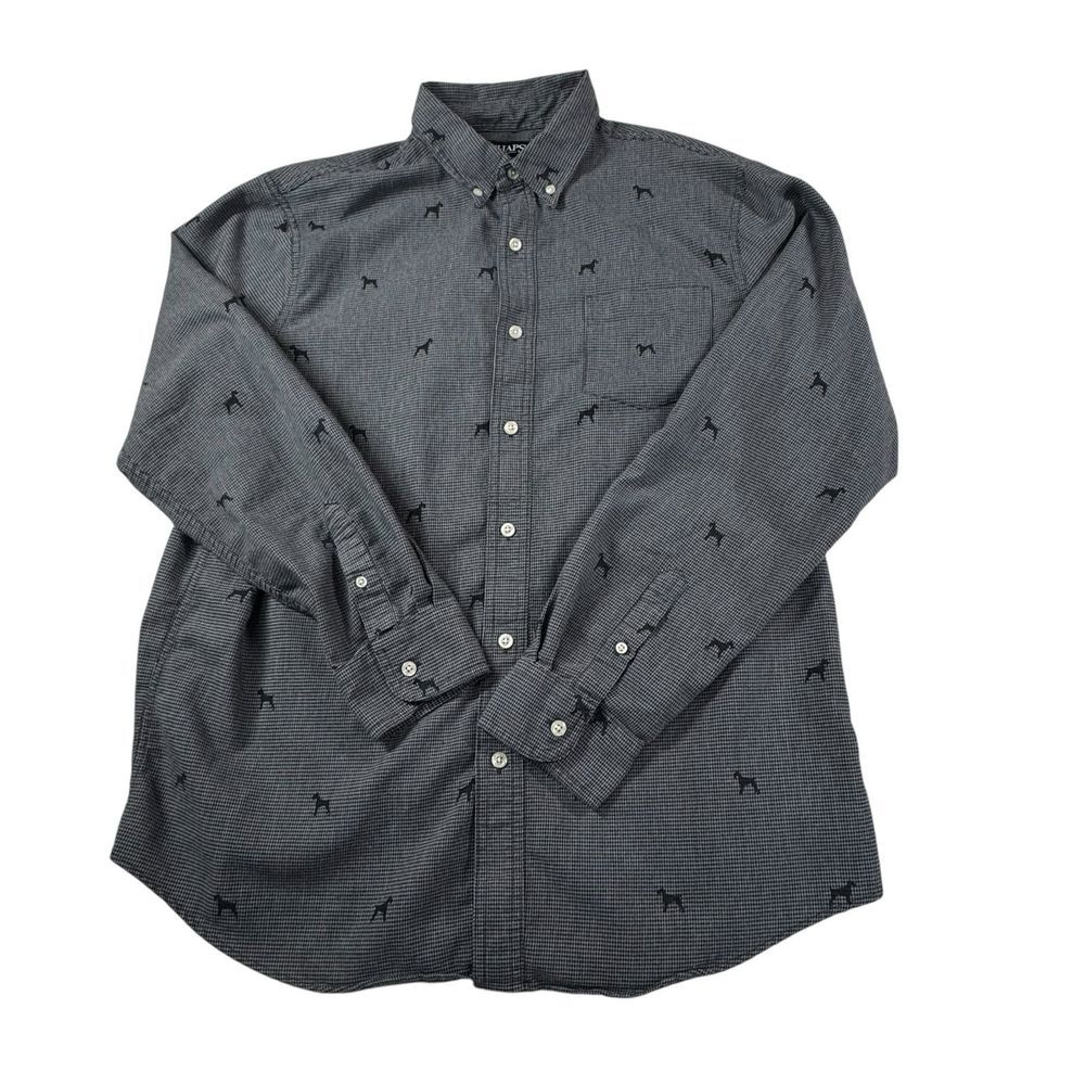 Chaps Shirt Men's Large Stretch Easy Care Houndstooth Scottie Dog Black/Gray